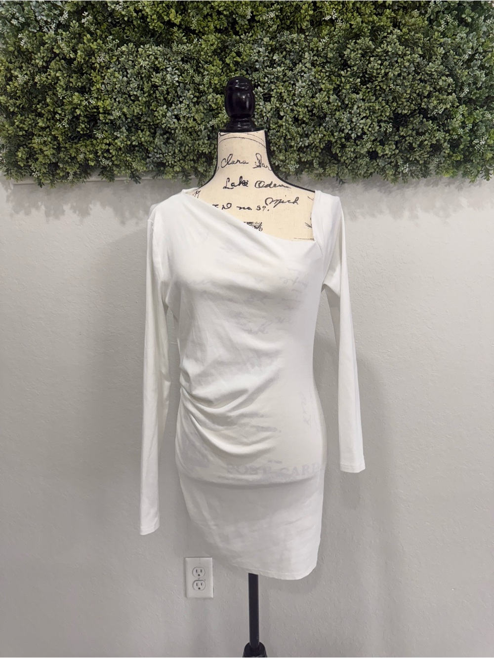 Zara White Ruched Asymmetrical Neck Long Sleeve Mini Dress L